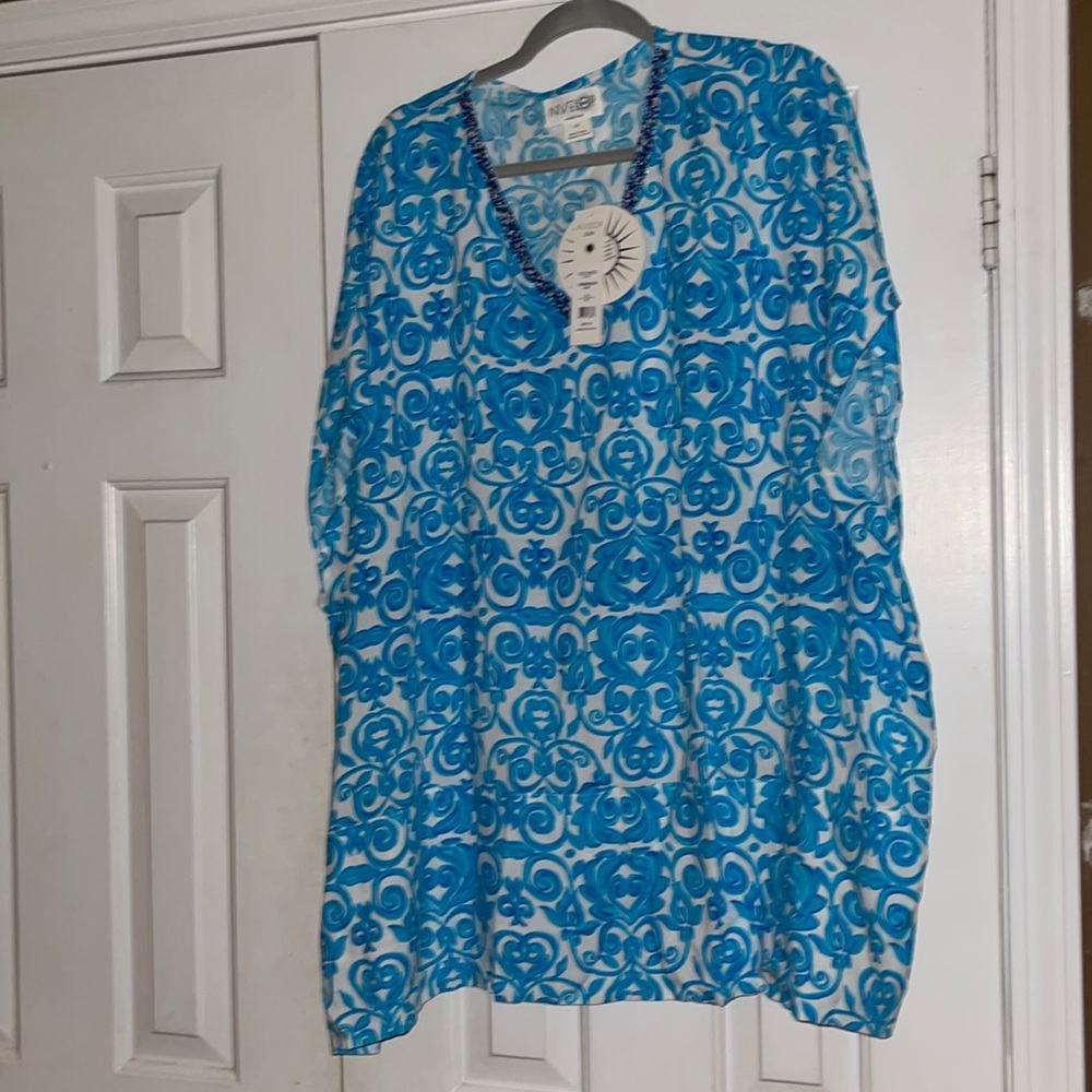 NVELOP SUN beach caftan coverup Ocean Breeze beaded V-neck size Lg/xlg